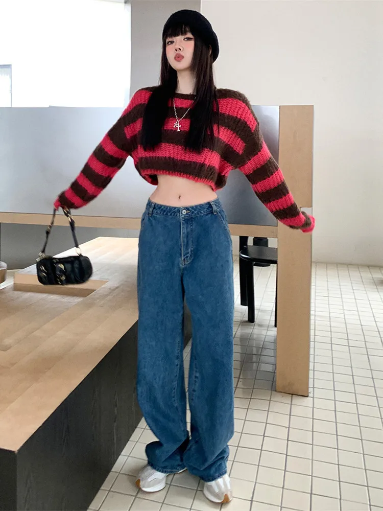 Blue Vintage Cargo Jeans Women's 2022 Spring Y2k Streetwear Loose High Waisted Jeans Straight Wide Leg Cargo Jeans Women's