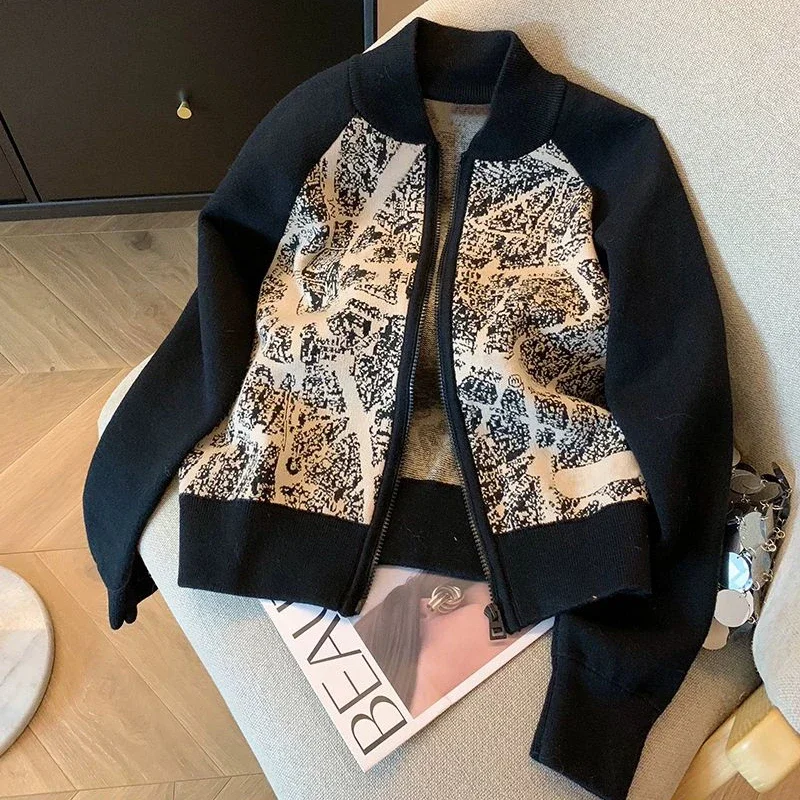 

French style contrast heavy industry embroidery stand collar zipper sweater cardigan women's autumn loose casual knitted coat