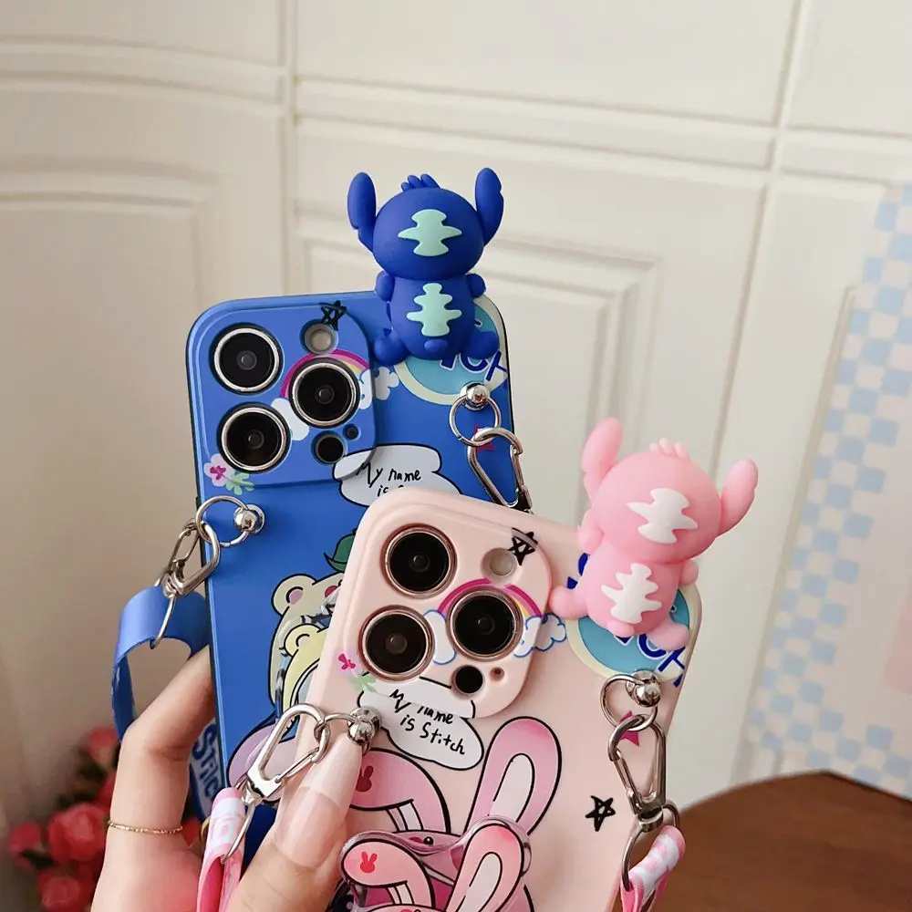 Disney cartoon Stitch per iPhone 16 15 14 13 12 11 pro max custodia per cellulare, tracolla facile da trasportare, regalo di compleanno