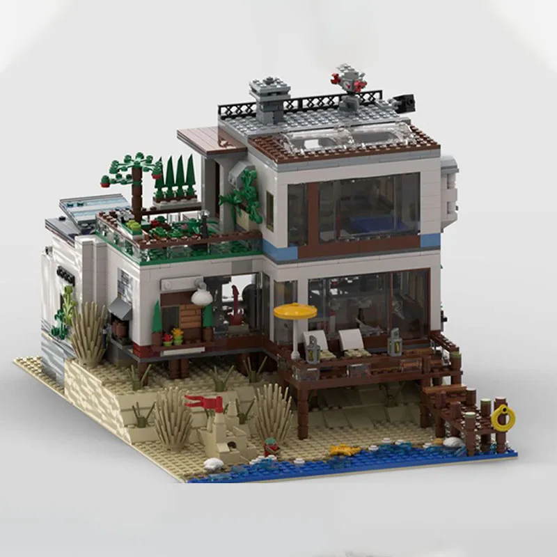 1863 PCS MOC Strandhaus auf der Düne Küstenurlaub Zuhause Meer Villa Modell DIY Modell Bausteine Geburtstag Spielzeug Geschenk