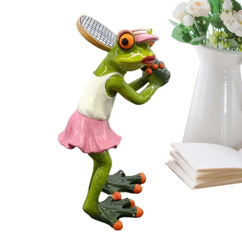 Simulation Frog Decor Resin Statues Garden Tennis Athlete Frog Figurines Outdoor Resin Farming Frog Ornament For Balcony Garden