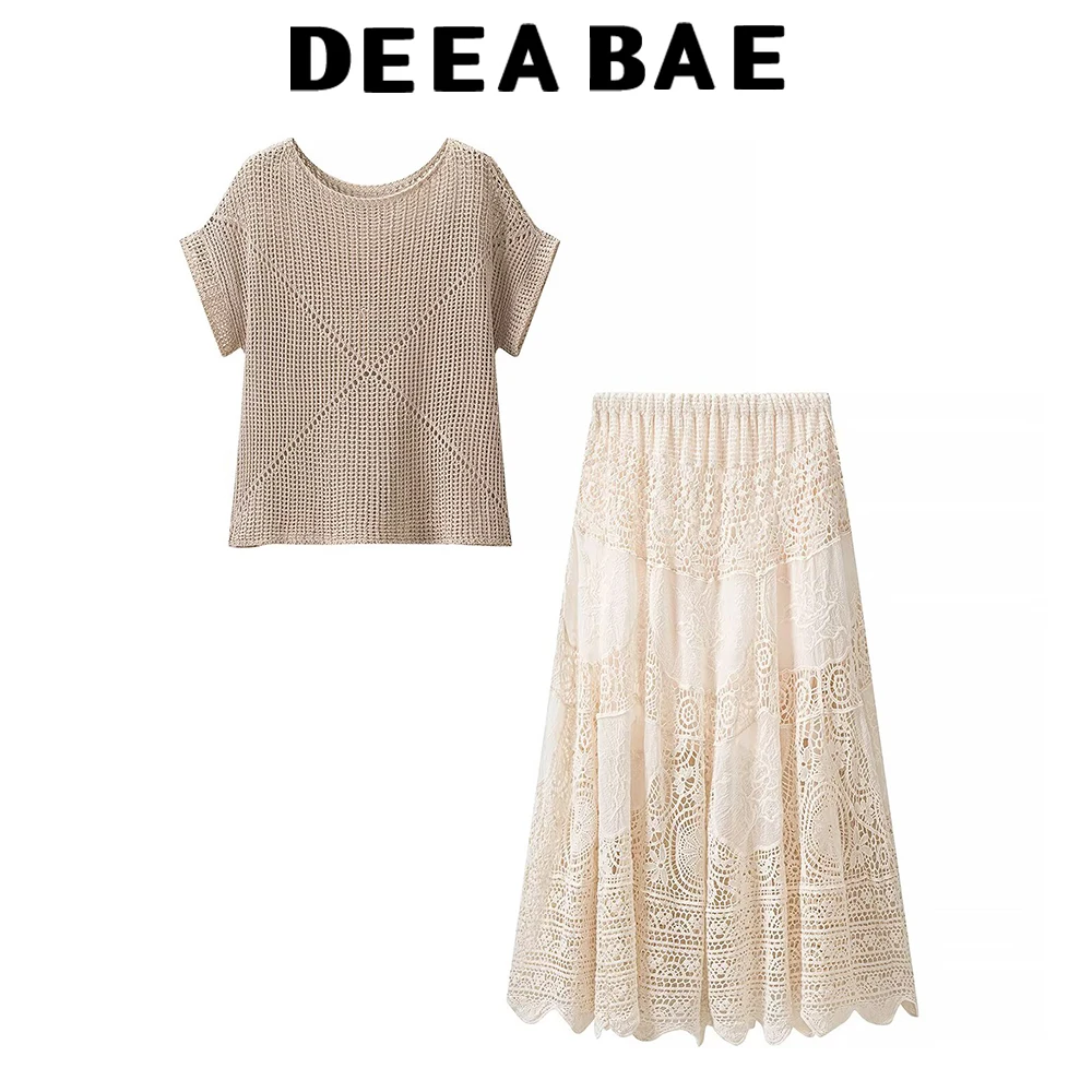 

DEEABAE Vacation style hook flower hollow lace set women's summer knitted half skirt two-piece set slimming off