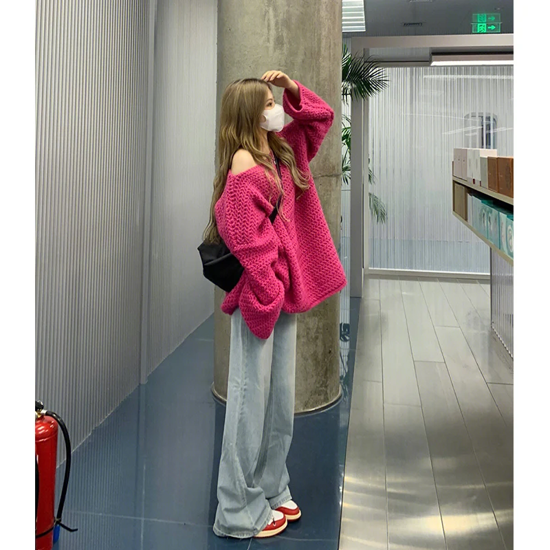 pink-knitted-oulder-bared-sweater-women's-sle-sweet-gentle-design-winter-new-lazy-faion-versatile-all-day-long-top