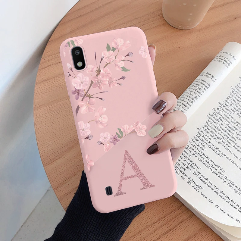 Pink Flower Case For Samsung Galaxy A10 Phone Cover Soft Silicone Initial Letter Fashion Shell Coque For Samsung A 10 Fundas