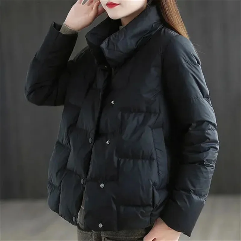 2024 New Korean Winter Jacket Cotton Padded Coat Women\'s Stand Collar Puffer Jacket Thicken Warm Long Sleeve Lightweight Outerwe