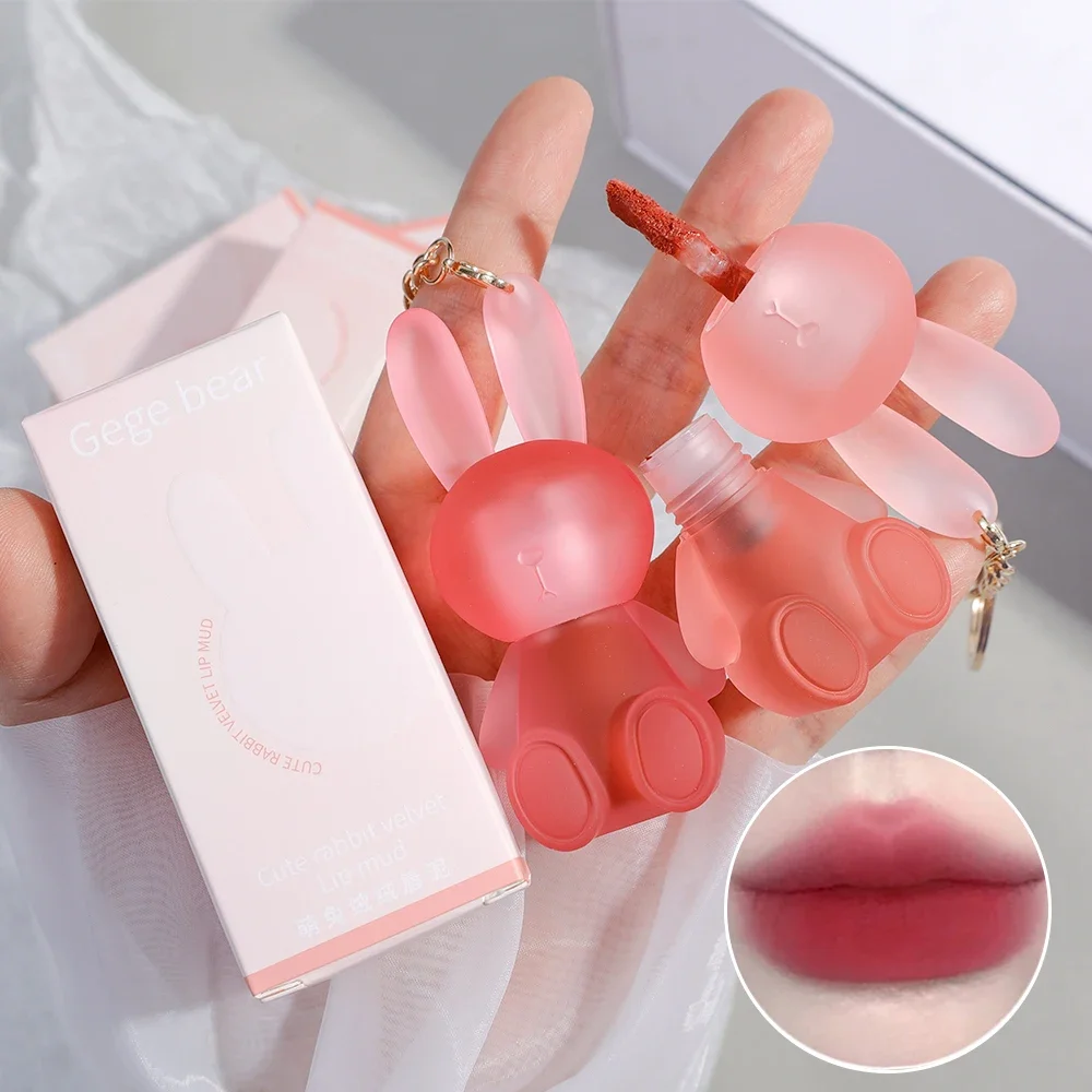 Cute Rabbit Keychain Lip Glaze 12 Color Long Lasting Moisturized Non-stick Cup Matte Velvet Liquid Lipstick Tint Korean Cosmetic