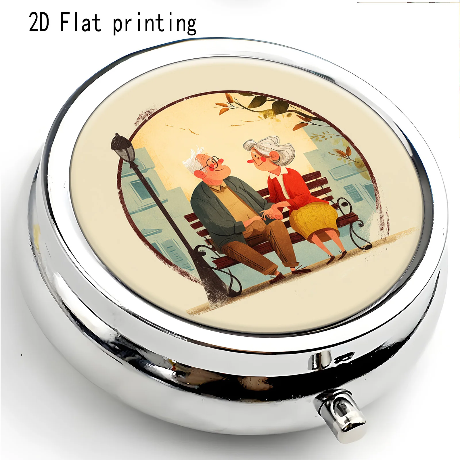 1 portable 3-compartment box for elderly companions, printed on one side. Medicine storage box, suitable for use in a purse, multi-functional storage box for storing small jewelry and medication, essential for travel organization
