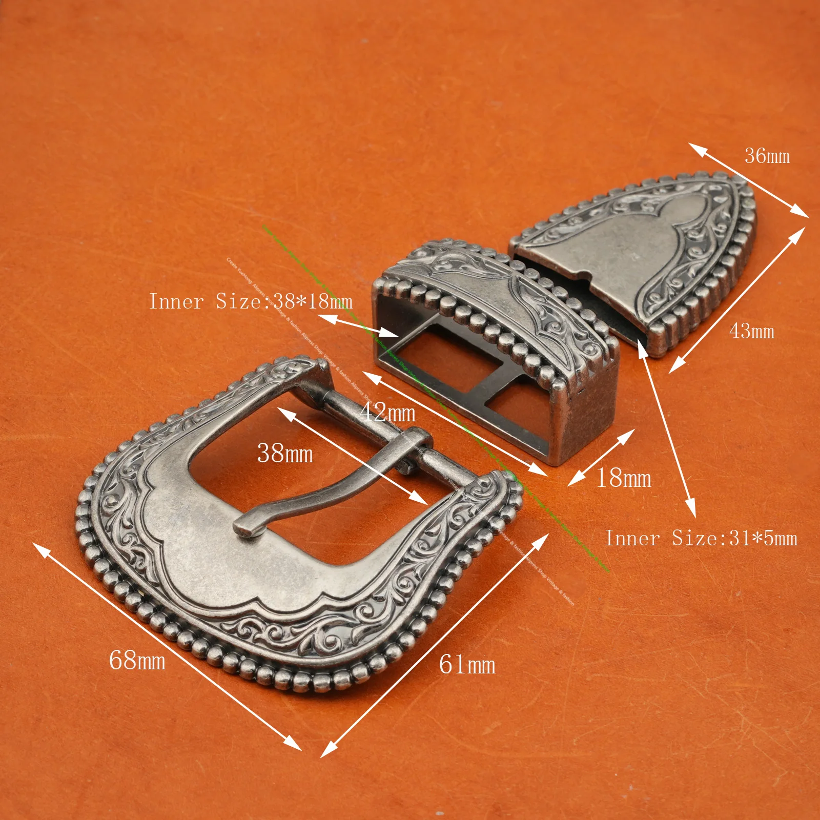 38mm Vintage Western 3-Piece Belt Buckle Set Antique Copper Floral Engraved Buckle Loop Tip Kit for Cowboy Cowgirl Belt Crafting