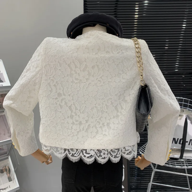 High-end Small Fragrant Style Elegant Ladies Lace Splice Single Breasted Short Coat 2023 Autumn New Streetwear Vintage Outwear