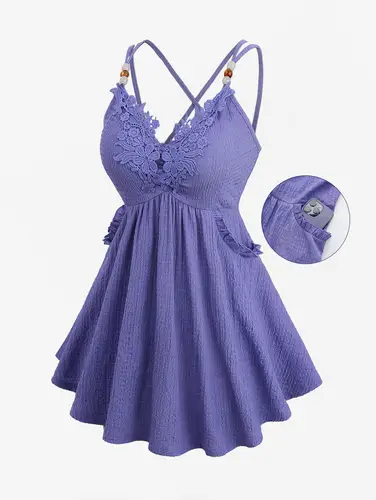 Imagen 2 del producto ROSEGAL Camisola de talla grande con apliques florales y bolsillo texturizado, chaleco con espalda morada, camisetas sin mangas entrecruzadas con tiras para mujer