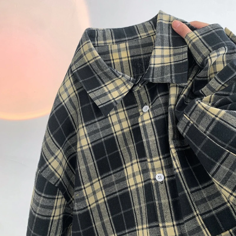 

Hong Kong Style Shirt Men's, Plaid Long Sleeve, Retro Loose Fit, Navy Blue