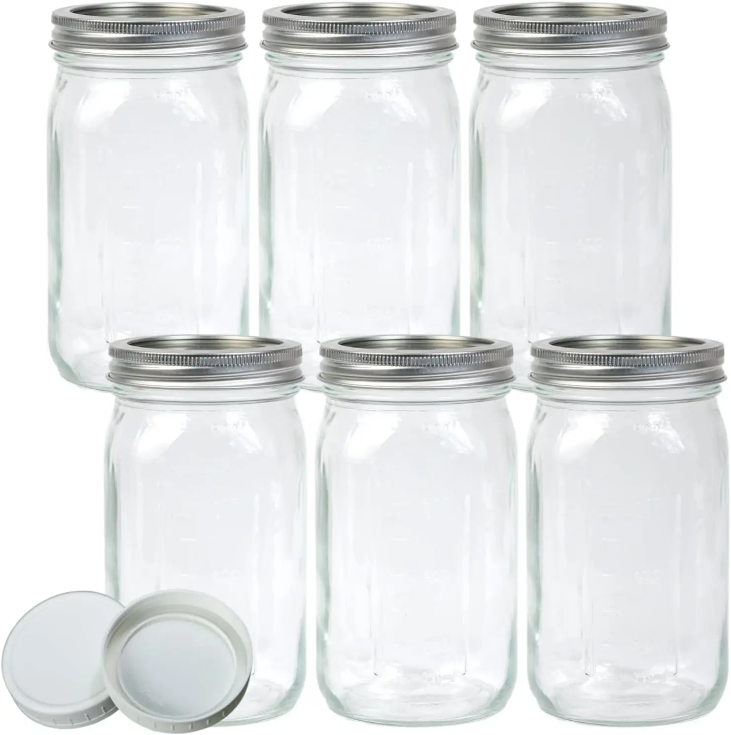 

6 Pack 32 oz Jars, Wide Mouth Jars with Lids and Bands and 6 White Plastic Jar Lids, Canning Jars for Overnight Oats