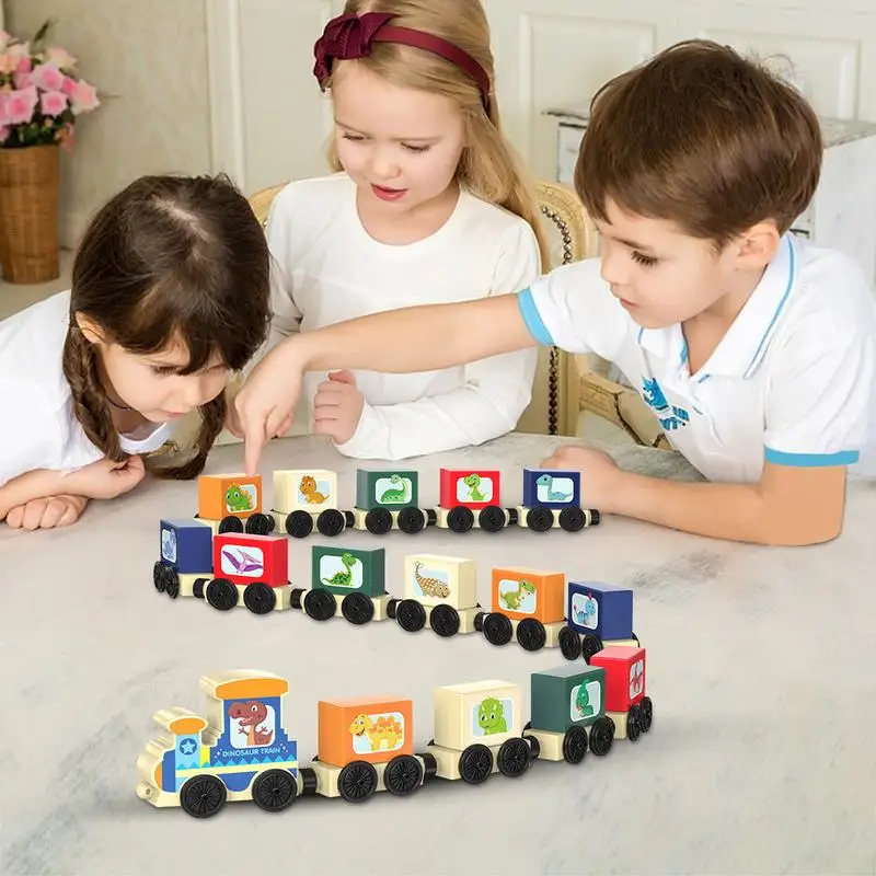 Ensemble de Train de Transport Magnétique en Bois pour Enfant Garçon et Fille, Jeu Montessori, Dinosaure