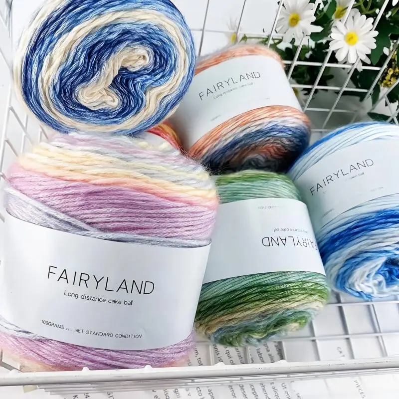 100g/Stück Farbverlauf-Kuchengarn zum Handstricken und Häkeln, Bunter Faden Mitteldick Gefärbte Baumwolle Wolle Regenbogen-Garn