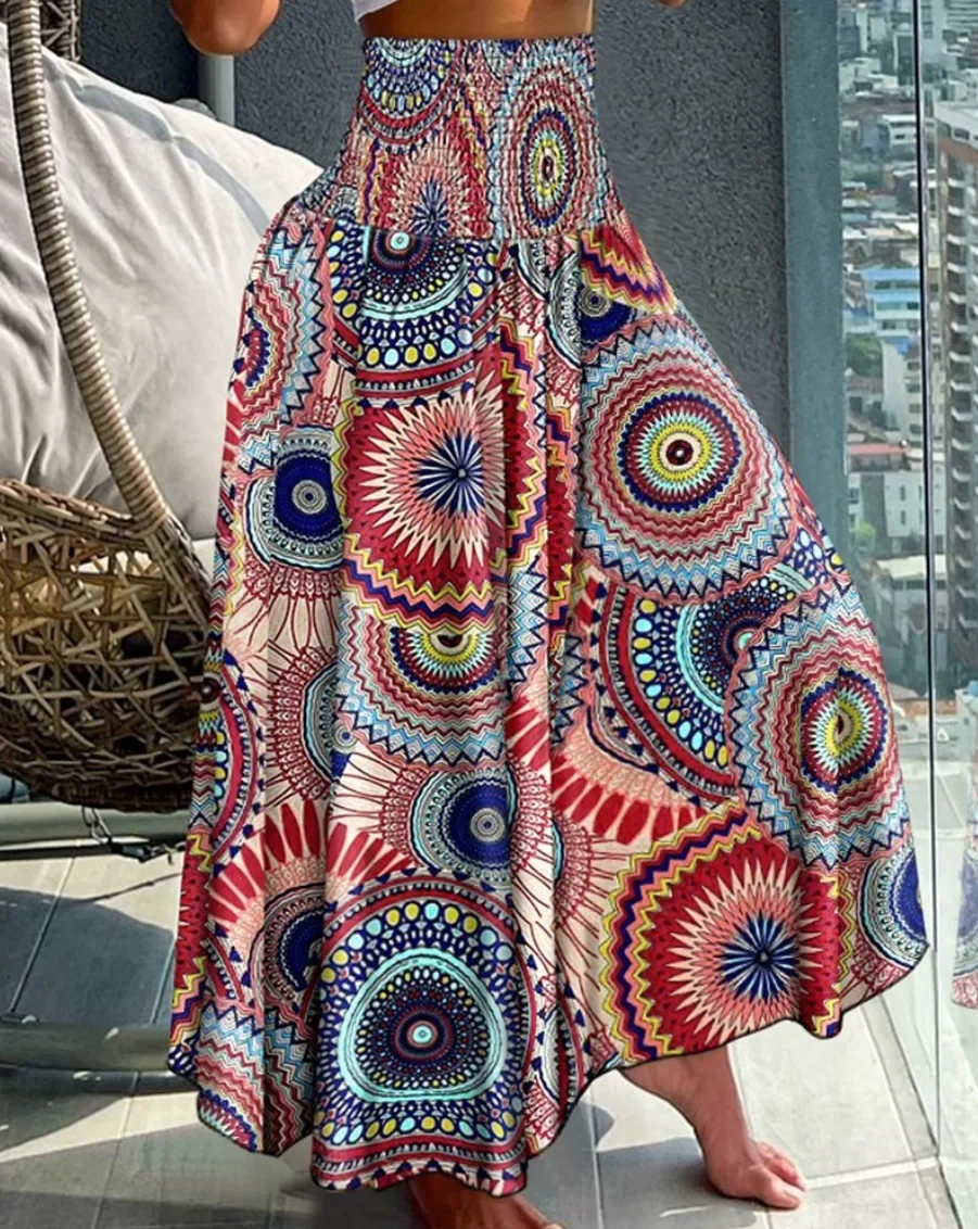 Damen Maxirock mit Smok-Details, hoher Taille und Paisley-Print – Fließender A-Linien-Rock für Strandurlaub und Freizeit – Detail 8