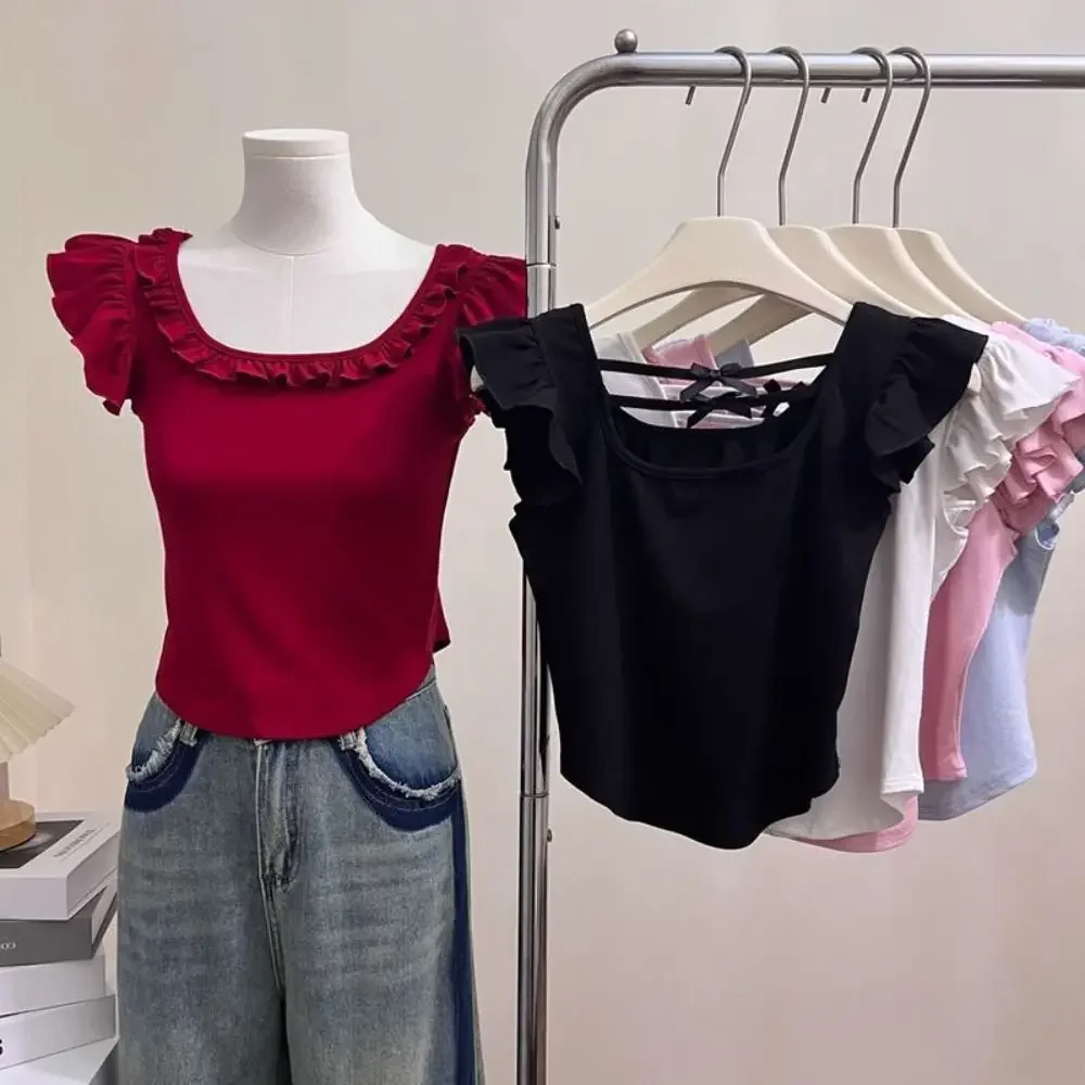 

Korean Style Ruffled Edge Bow Short Sleeve T-shirt Bow Sweet Y2K Slim Crop Top Chic U Neck T-shirt with Chest Pads Summer