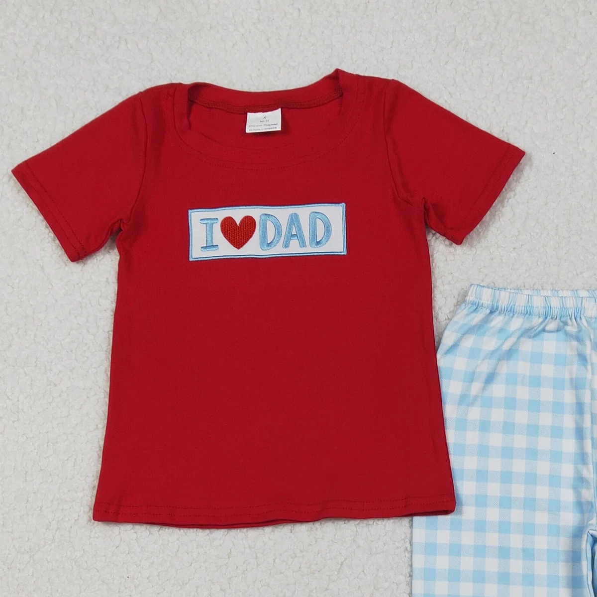 قمصان للأولاد الصغار مطرزة بالقطن الأحمر "I Love Dad" وسراويل مربعة طقم ملابس منقوشة لملابس الأولاد الصغار