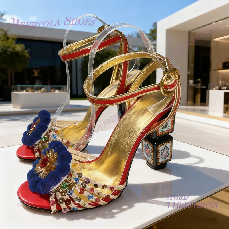 

Ethnic Blue Velvet Floral Gold Heels Colorful Sandals Girls Crystal Squares Strange Heels Patterns Open Ruffle Pumps Buckle Shoe