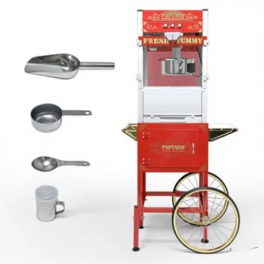 

20 Oz Popcorn Machine with Cart Tools One-Touch Operation Stainless Steel Kettle Makes Up To 80 Cups Popcorn Storage Cabinet Co