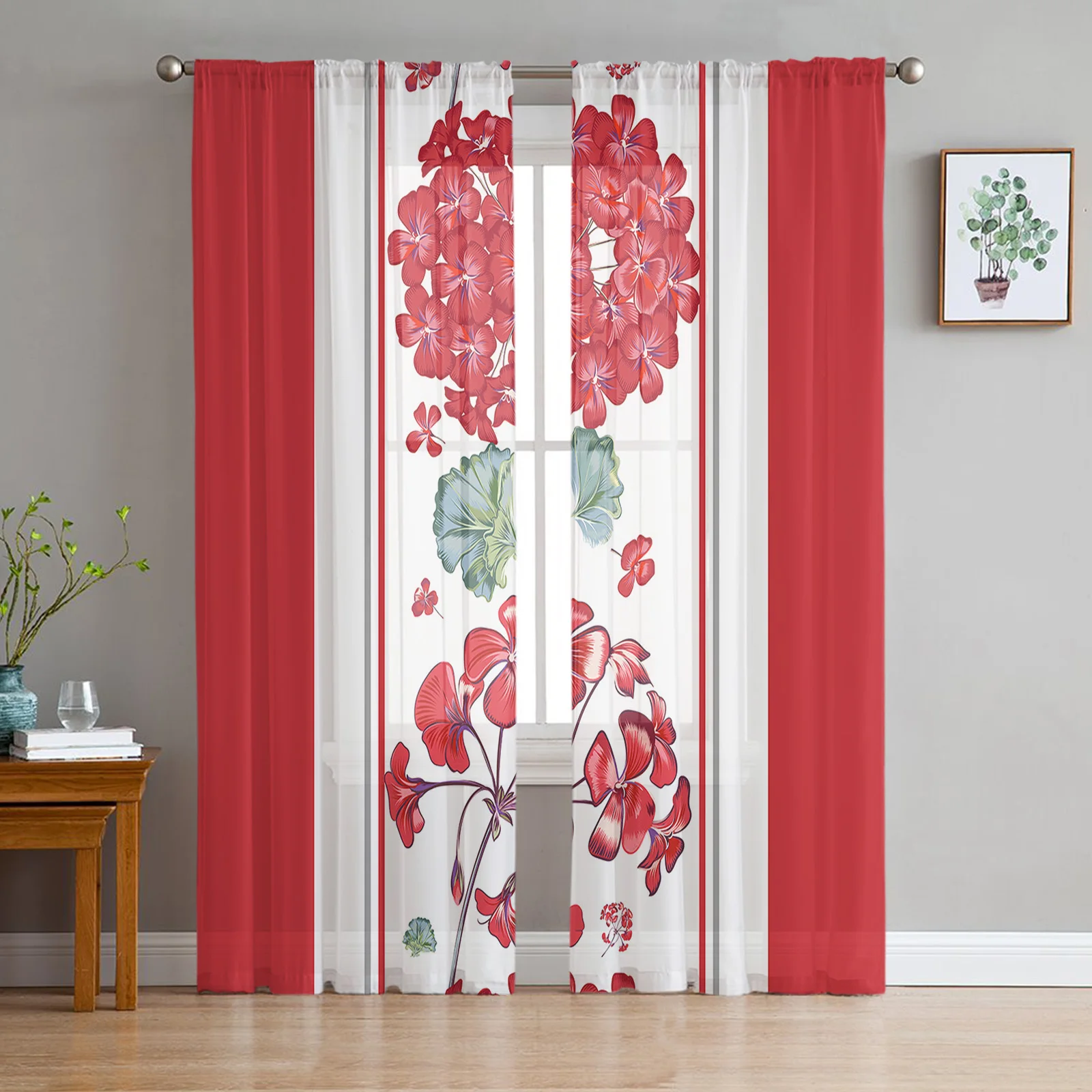 

Geranium Red Flowers Sheer Curtains for Living Room Decoration Window Curtains for Kitchen Tulle Voile Organza Curtains