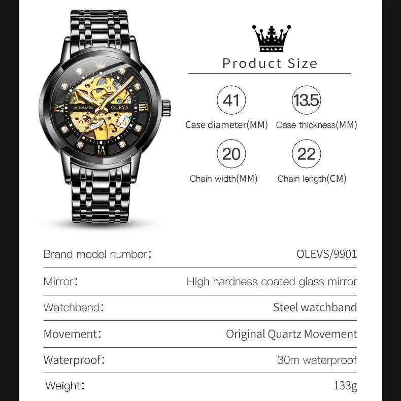 OLEVS 9901 ساعة رجالية فاخرة HD مجوفة ساعة ميكانيكية أوتوماتيكية بالكامل مقاوم للماء Reloj الأعمال الترفيه ساعة رياضية للرجال