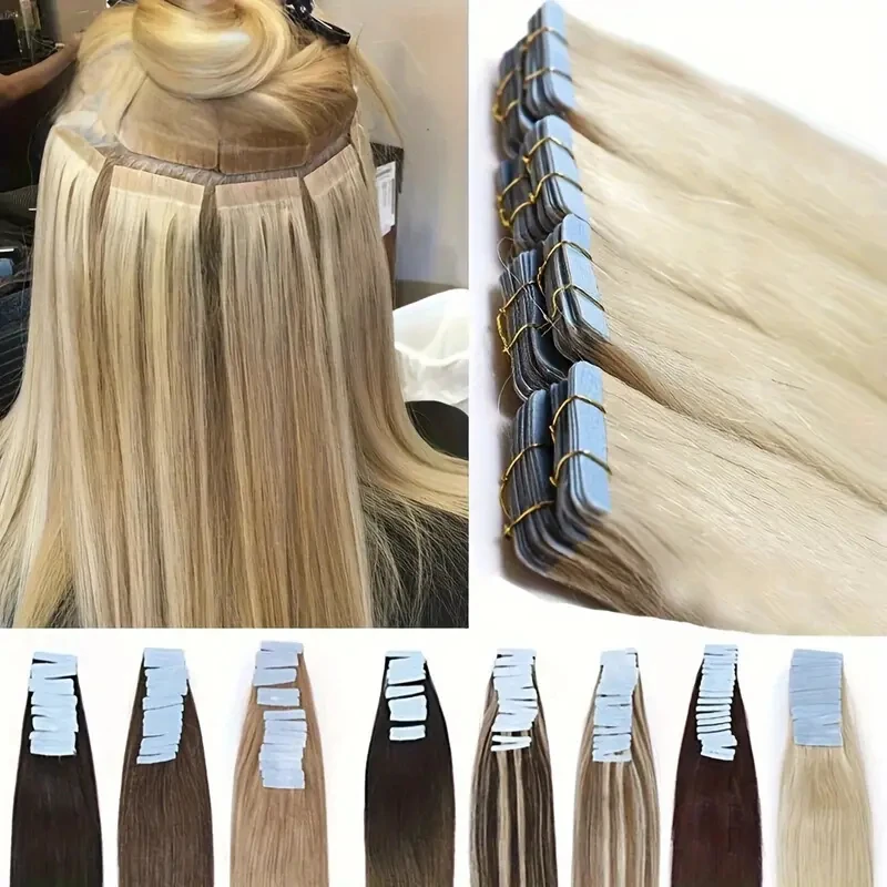 Fita em extensões de cabelo em linha reta 100% cabelo humano real sem costura fita de trama de pele extensões de cabelo preto natural # 613 # 60 cabelos loiros