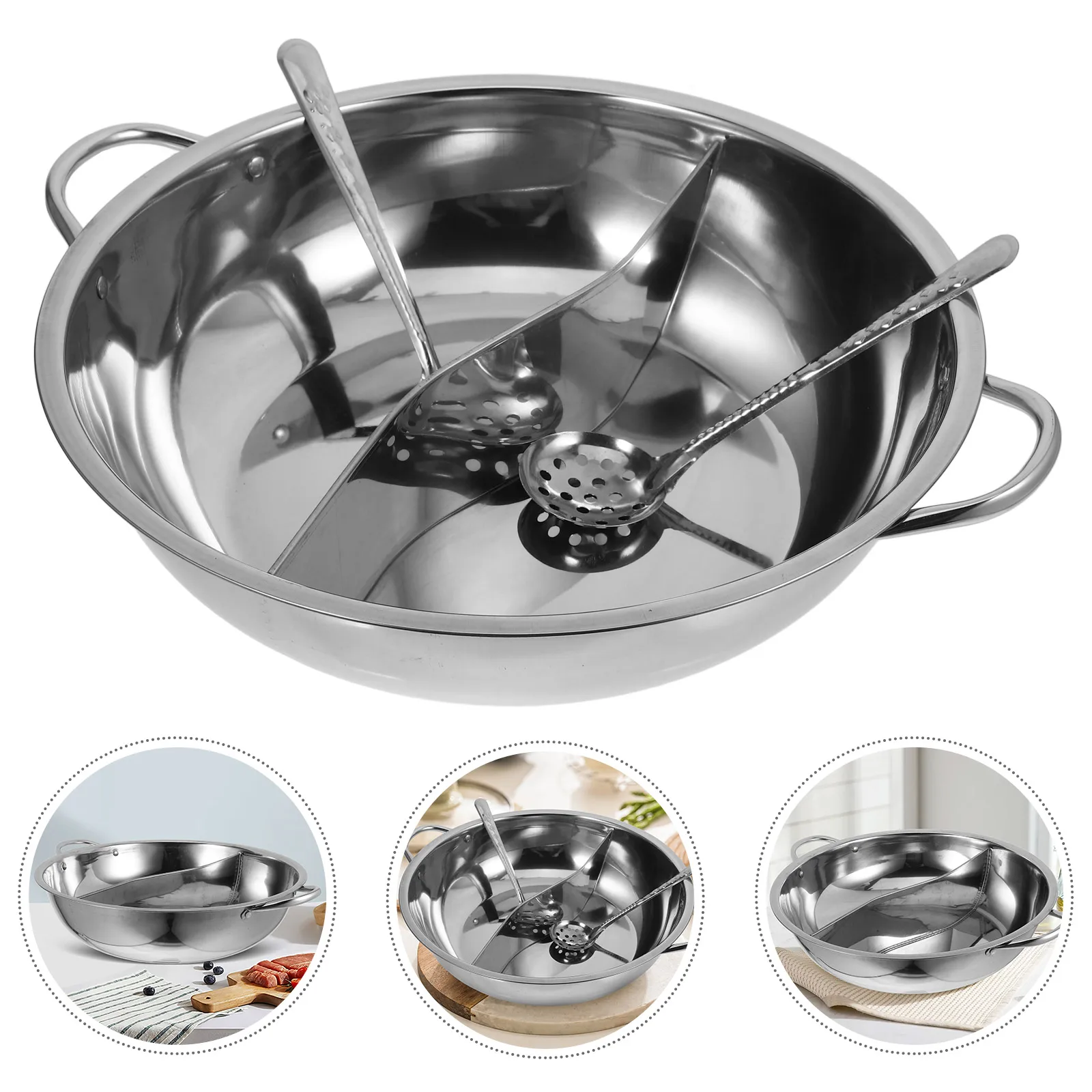 

Stainless Steel Divided Pot Thicken Metal Hot Pot Cooker Two-Flavor Stockpot Multi- Pan For Kitchen Restaurant