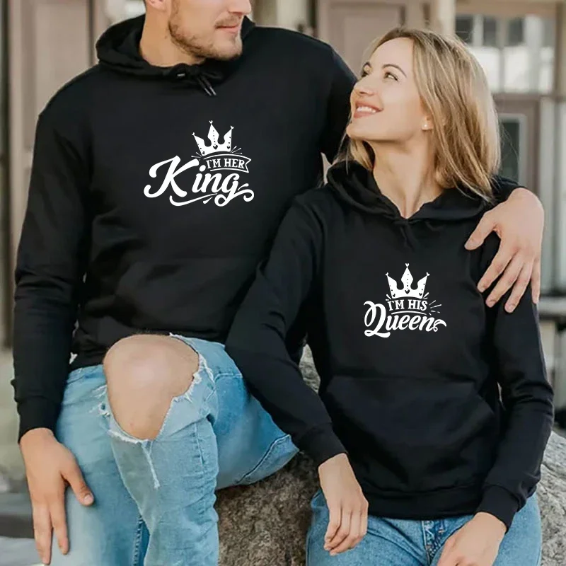 

Matching Couples Sweatshirt I’m Her King I’m His Queen Graphic Women Sweater Long Sleeve Print Matching Outfit for Couples Hoody