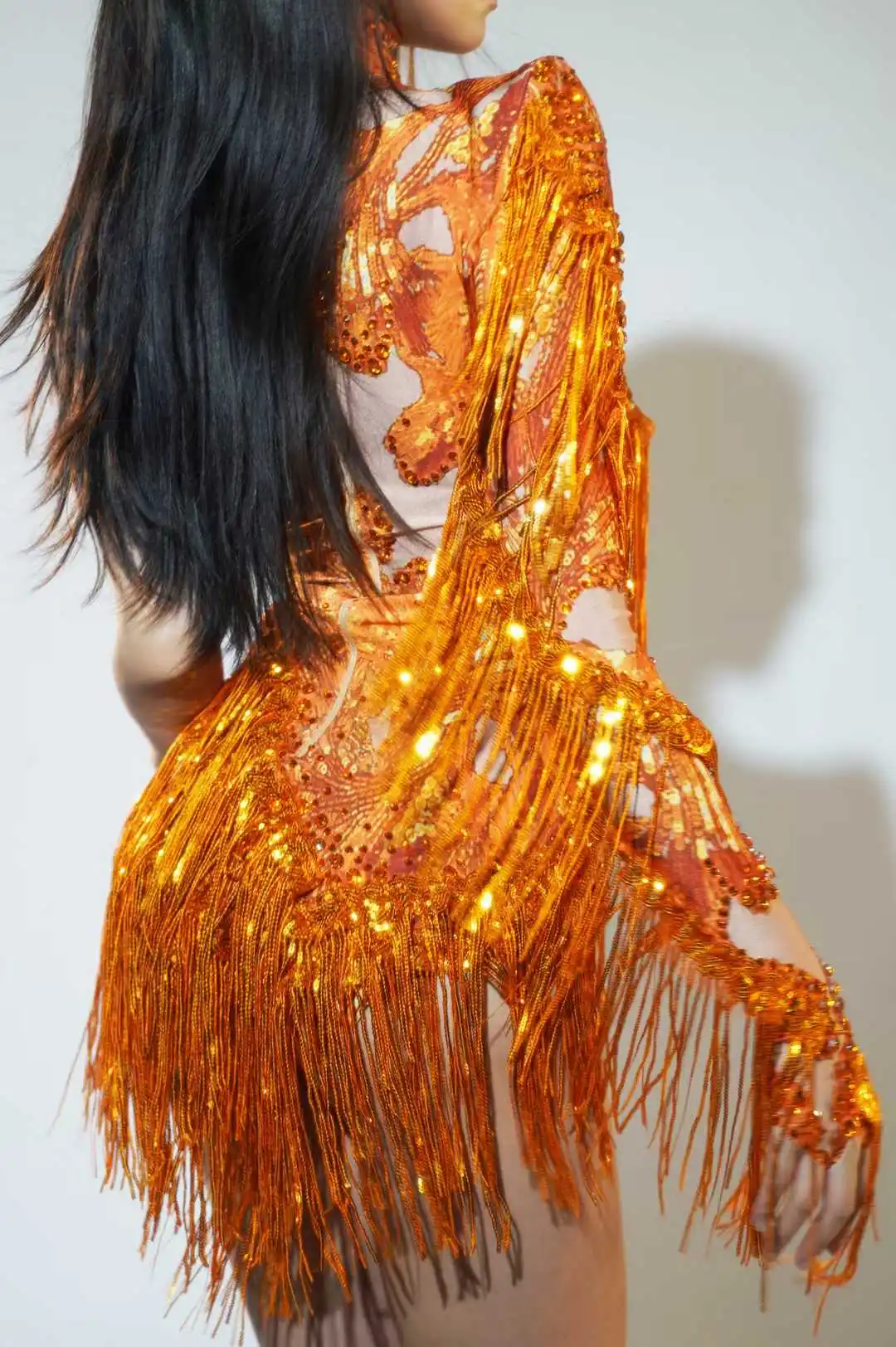 Yellow Orange One Shoulder Stretch Bodysuits For Women Rhinestone Fringe Nightclub Birthday Drag Queen Outfit Performance