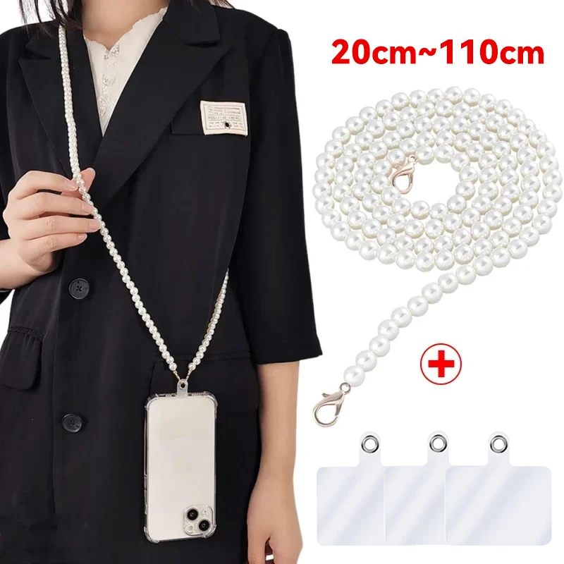 Portable Mobile Phone Lanyard Pearl Wrist Strap Pendant Anti-lost Sling Crossbody Necklace Chain with Card for Samsung IPhone 16