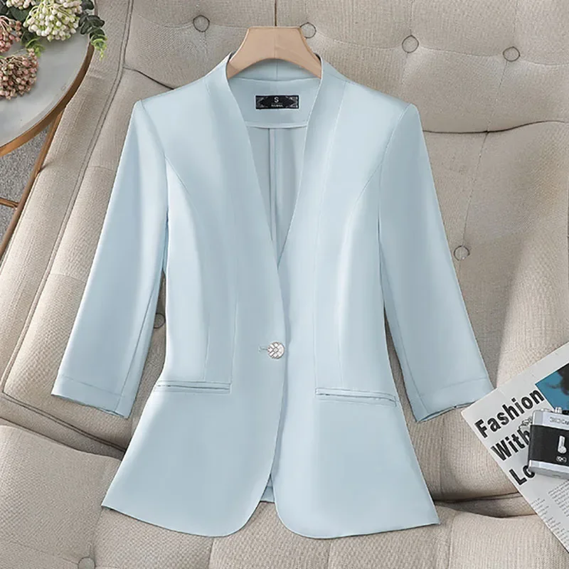 팝 봄 여름 여성 블레이저 솔리드 칼라리스 싱글 버튼 7부 소매 정장 재킷 숙녀 전문 오피스 정장