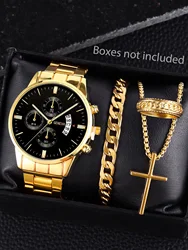 Fashionable men's quartz watch band calendar with bracelet necklace ring set party gift