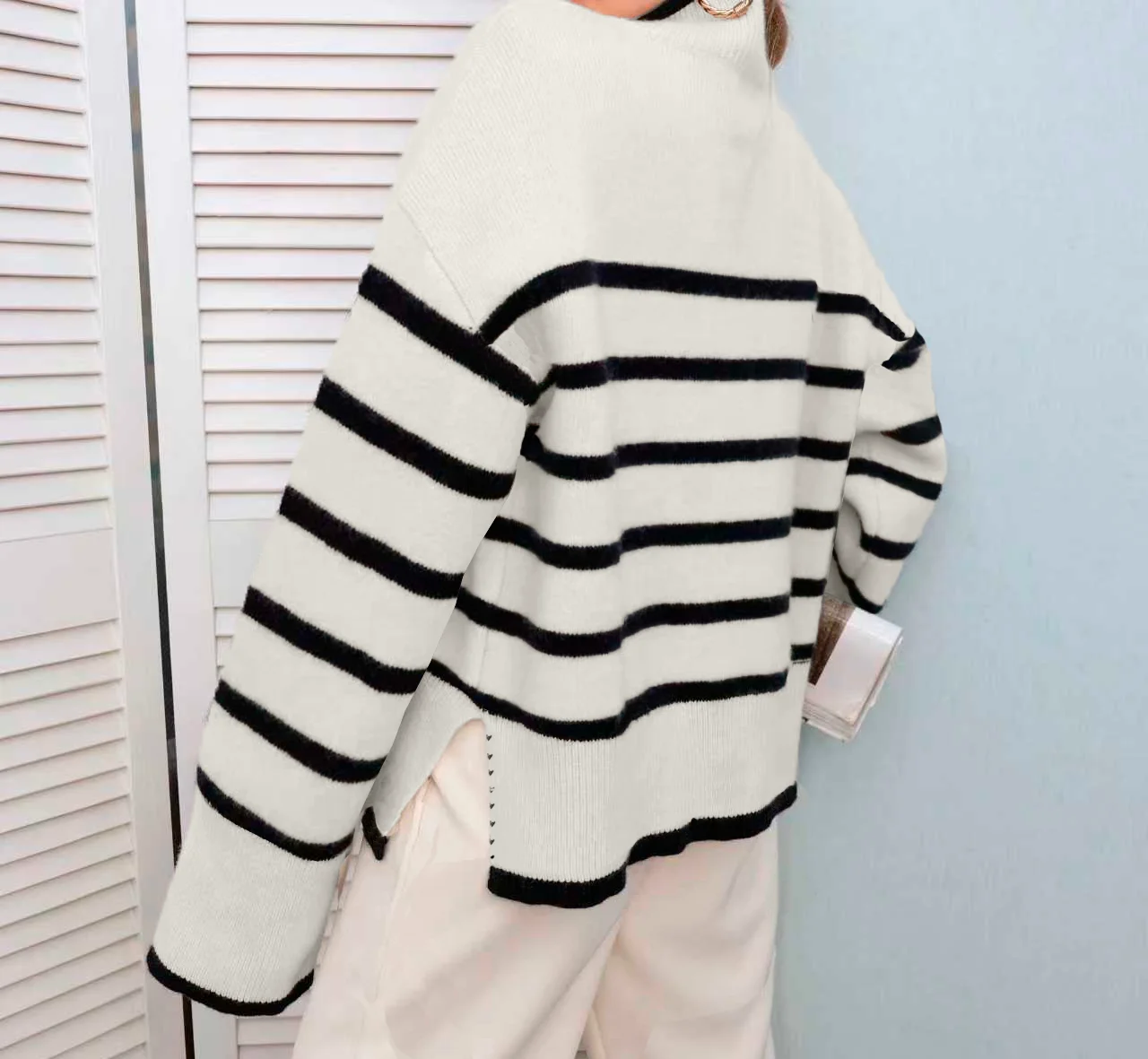Women's Black and White Striped High Neck Sweater – Oversized Loose Fit Thick Knit Pullover, Long Sleeve Drop Shoulder Top for F view 2
