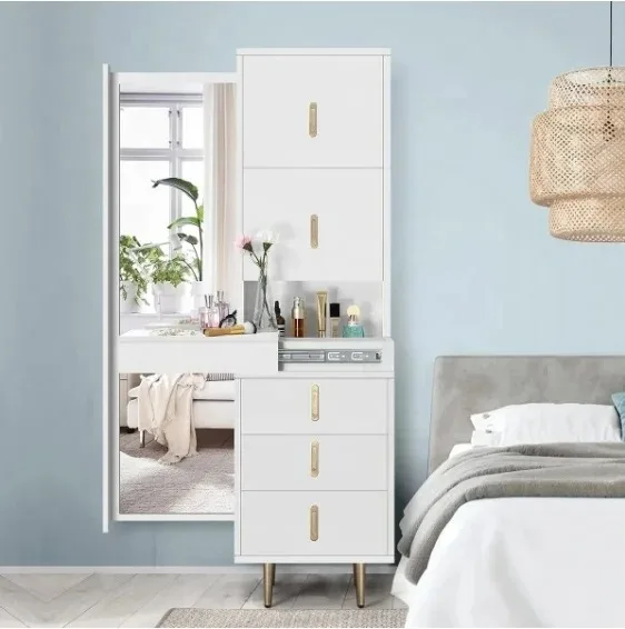 -ForModern Wood Panel Makeup Vanity Dresser LED Mirror Enhanced Beauty New Vanity Desk for Bedroom Hotel Home Feature Storage&
