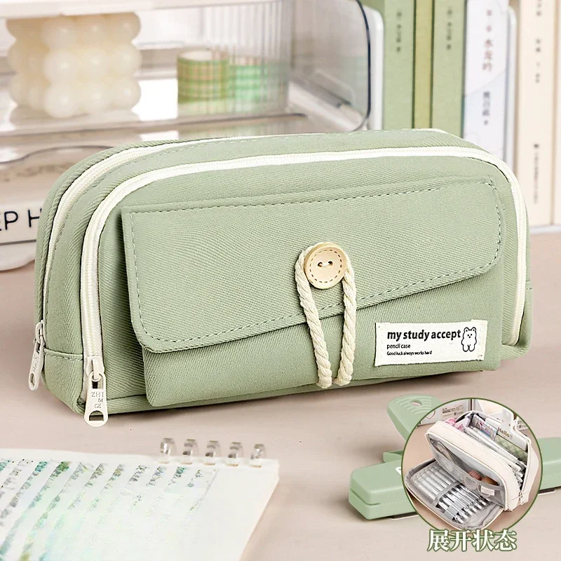 Fashion Pencil Cases Solid Color Canvas Beautiful Pencil Cases Three Layers Pencil Bags Student Teacher Stationery Holder