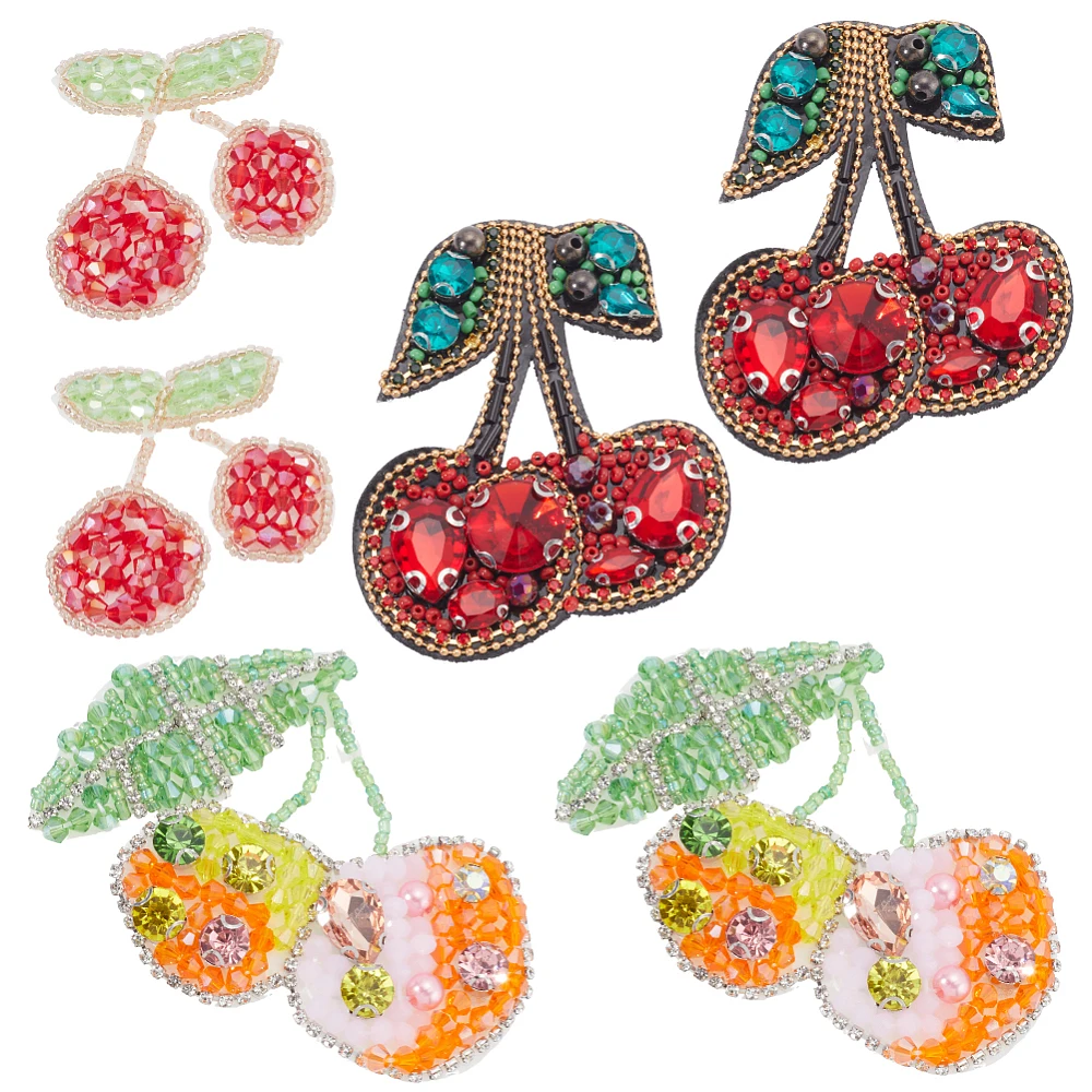6PCS Cherry Beaded Patches Sew on Fruit Rhinestone Patch Handmade Bling Embroidery Appliques for DIY Art Craft Sewing Clothing