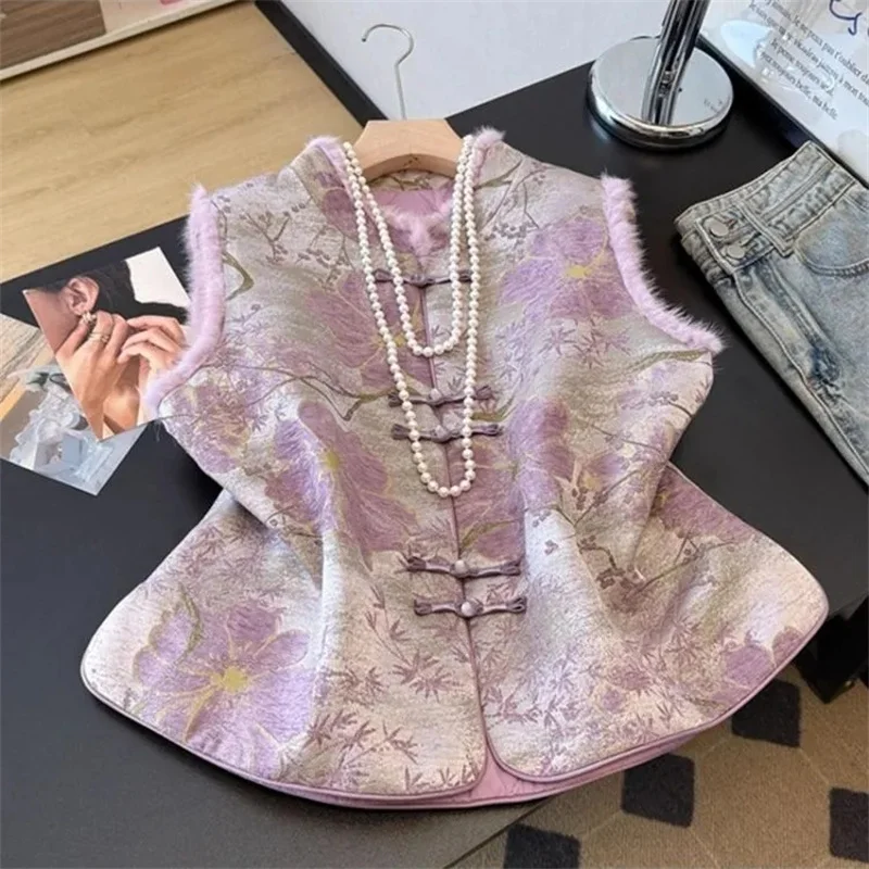 

New Women's Vest Spring and Autumn Chinese National Wind Joker Vest Young Women Stand Collar Vest Jacket With Cotton Waistcoat