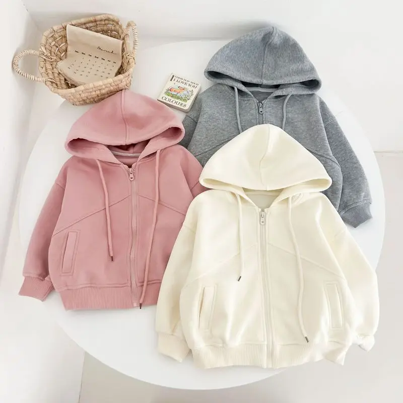 Korean-style children's hooded sweatshirt jacket，New Spring and Autumn Children's Clothing，Unisex solid color casual zip-up top