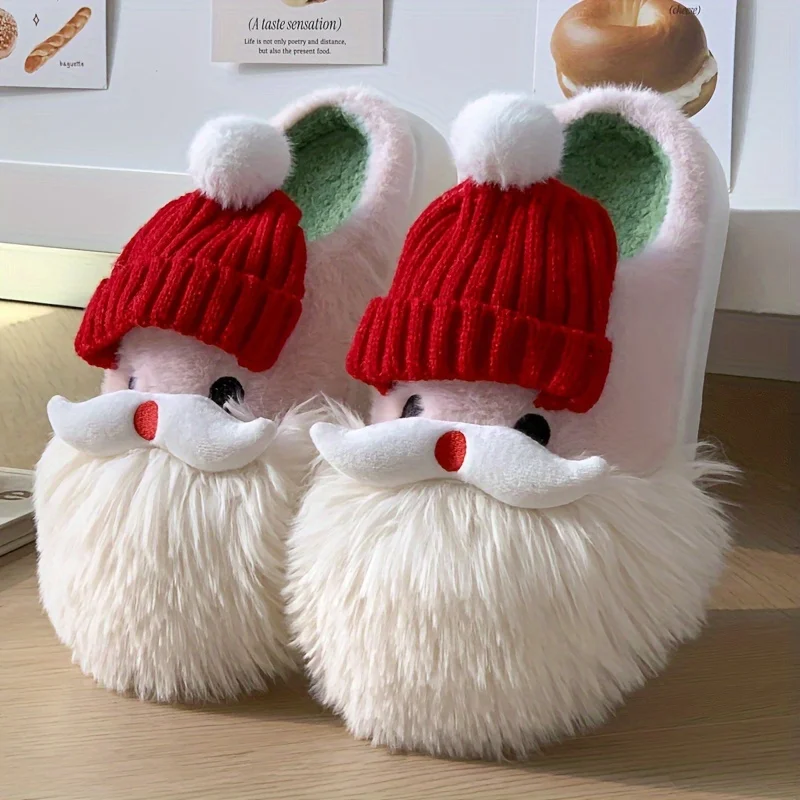 1 Pair Santa Claus Style Slippers, Indoor Warm Slippers, Winter Casual Slippers, Hand Washable, Christmas Gift, Unisex