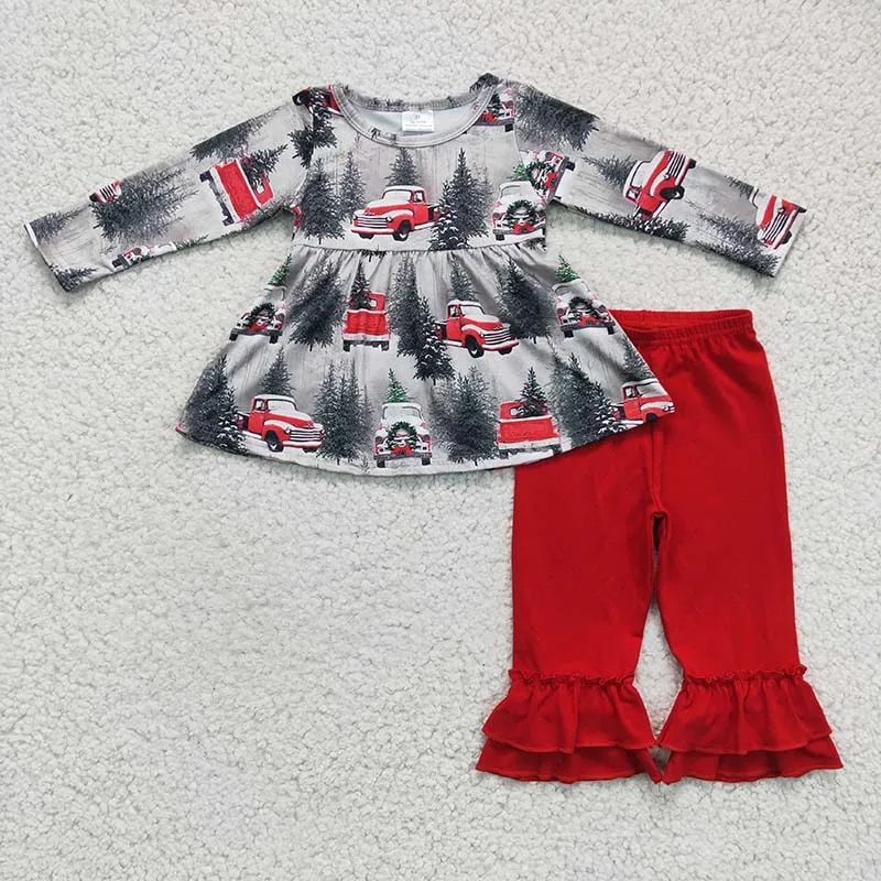 

Baby Girl Christmas Tractor Tree Set Red Long Sleeves Tunic Top Infant Ruffle Red Cotton Pants Kid Children Toddler New Outfit