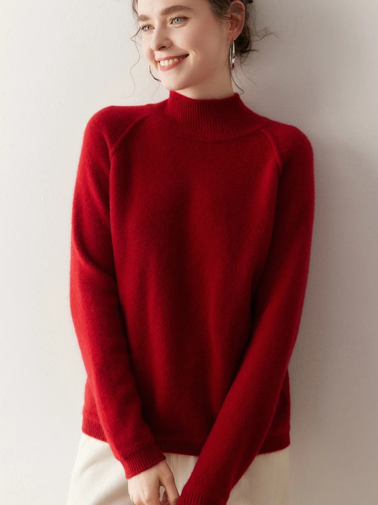 Meetcc feminino 100% cashmere cor sólida pulôver mock neck camisola outono inverno macio aconchegante topos de manga longa jumper casual