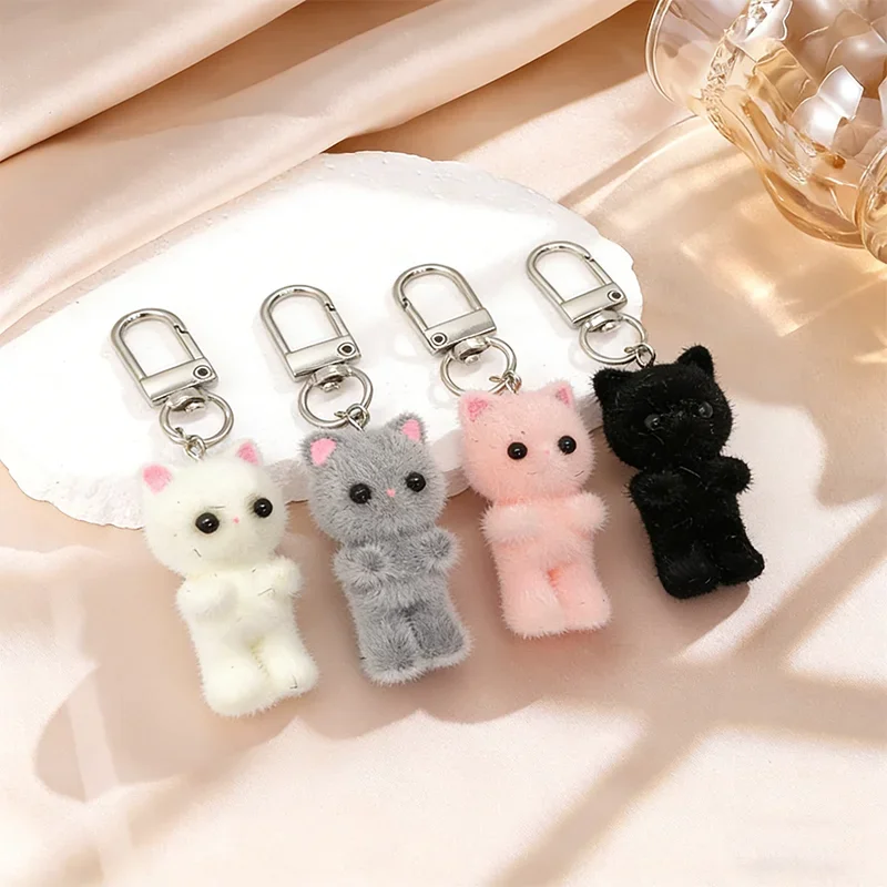 Cute Pink Fluf Cat Keychain - Mini Plush Kitten Bag Charm with Lobster Clasp, Soft Flocked Pendant for Backpack Purse Key Decor