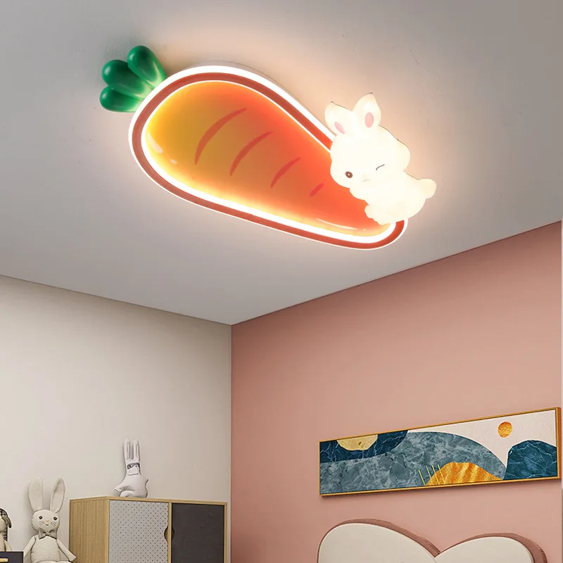 Children's Room Lamp Rabbit Carrot Ceiling Lights Eye Care Boy Girl Baby Kids Bedroom Ceiling Lamps Cartoon Pink Red Indoor Deco