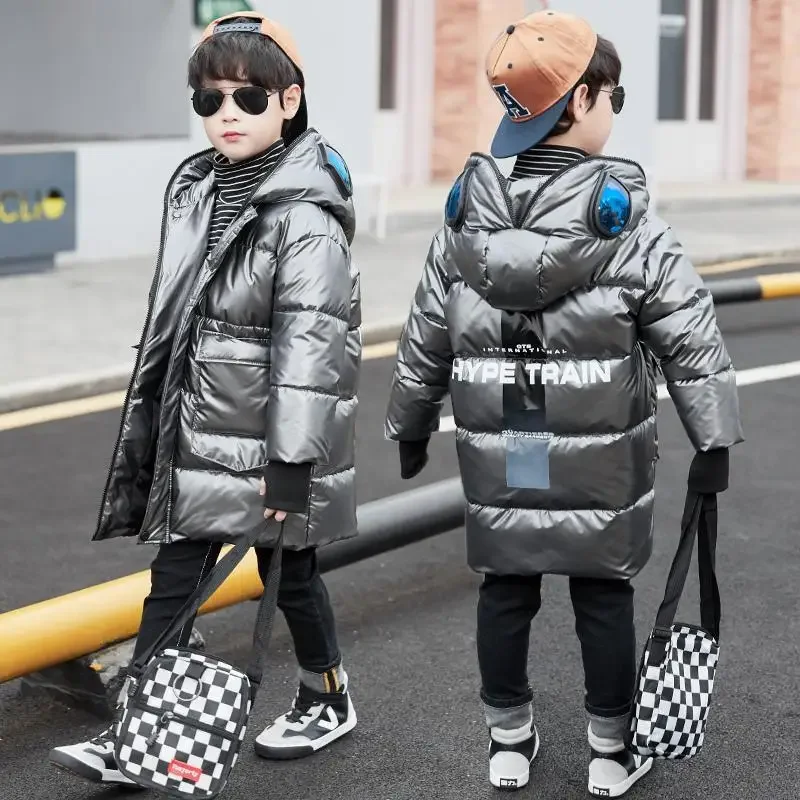 Boys Winter Jacket Cotton Down Big Children Clothes Winter Glasses Jacket Coat Mid-Length Handsome Kids Bright Leather Clothing