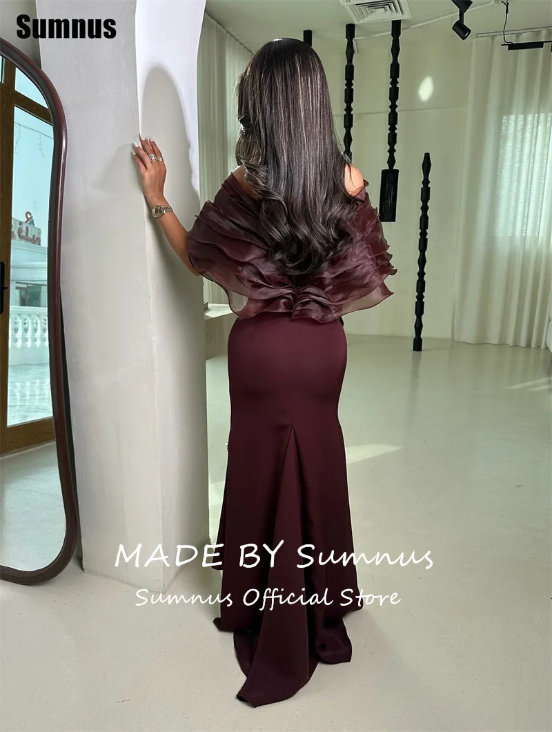 Sumnus-vestidos de noche sencillos de sirena, color Burdeos, con hombros descubiertos, plisados, ceñidos, vestidos formales de Gala, personalizados