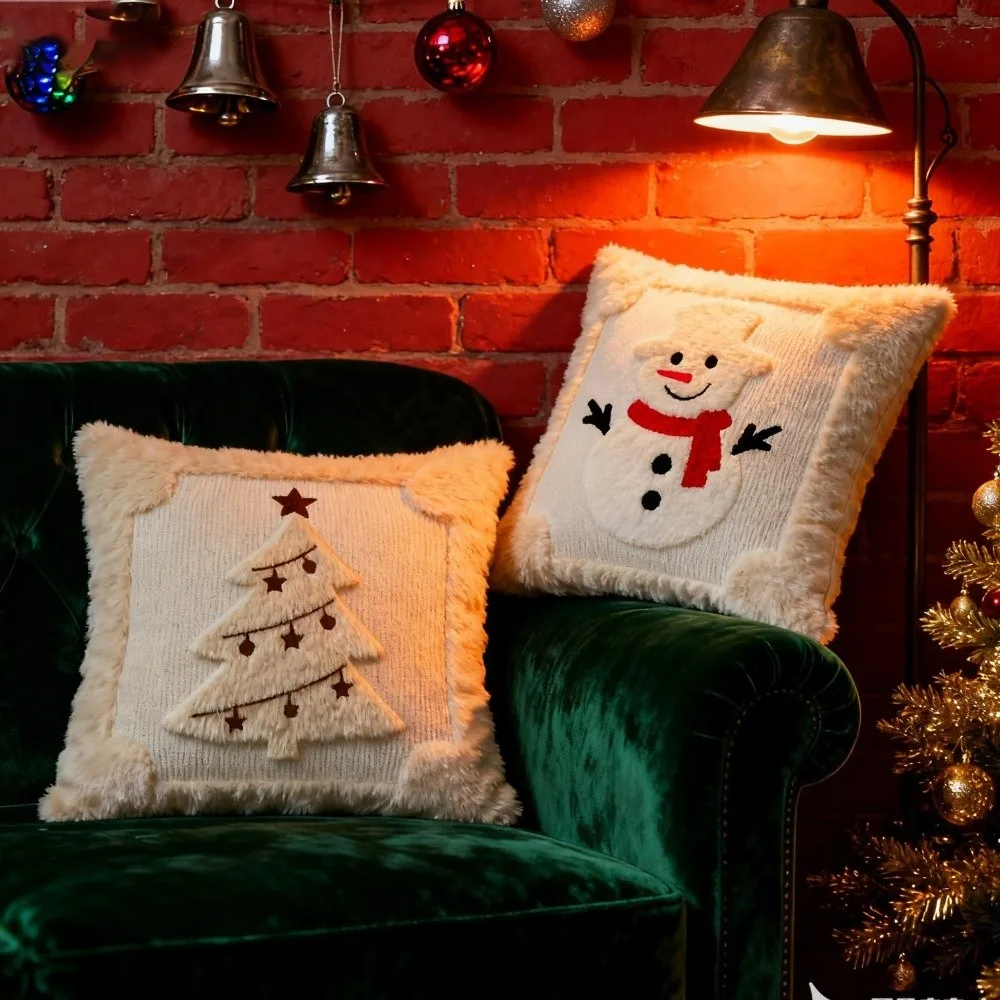 

New Snowman Christmas Tree Pillow Covers 18x18in Throw Cushion Case Soft Xmas Tree Pattern Sofa Cushion Cover Living Room Decor
