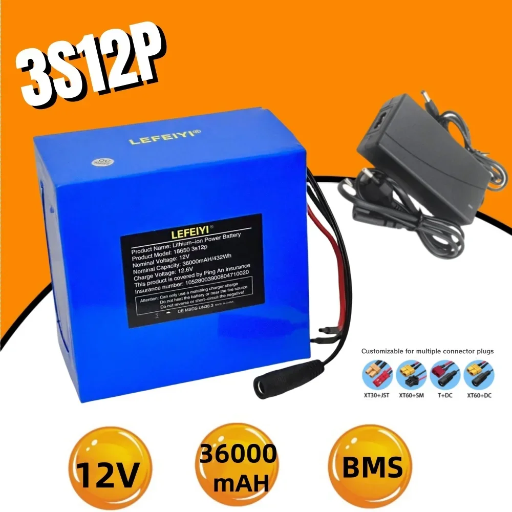 3S12P Battery 12V 36Ah, 12.6V, 70000 MAh, BMSLED, Speaker Tool, Toy Car, Lithium Ion Battery 18650, Rechargeable Battery