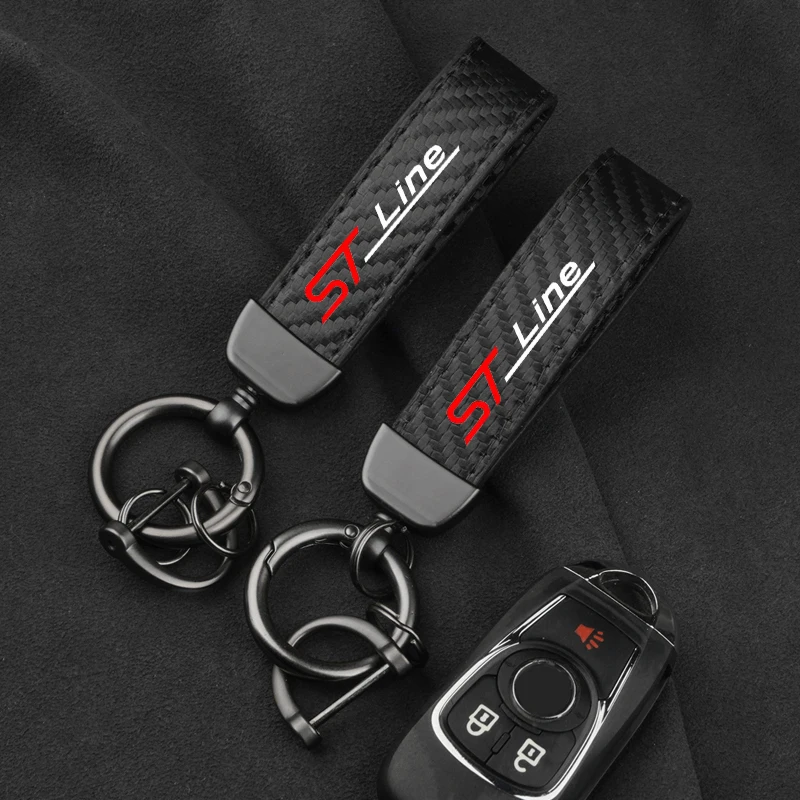 Leather Carbon Fiber Car Ring Keychain Trinket Zinc Alloy Keyrings Rotate 360 Degrees For Ford ST Line Focus Mondeo Fiesta Kuga