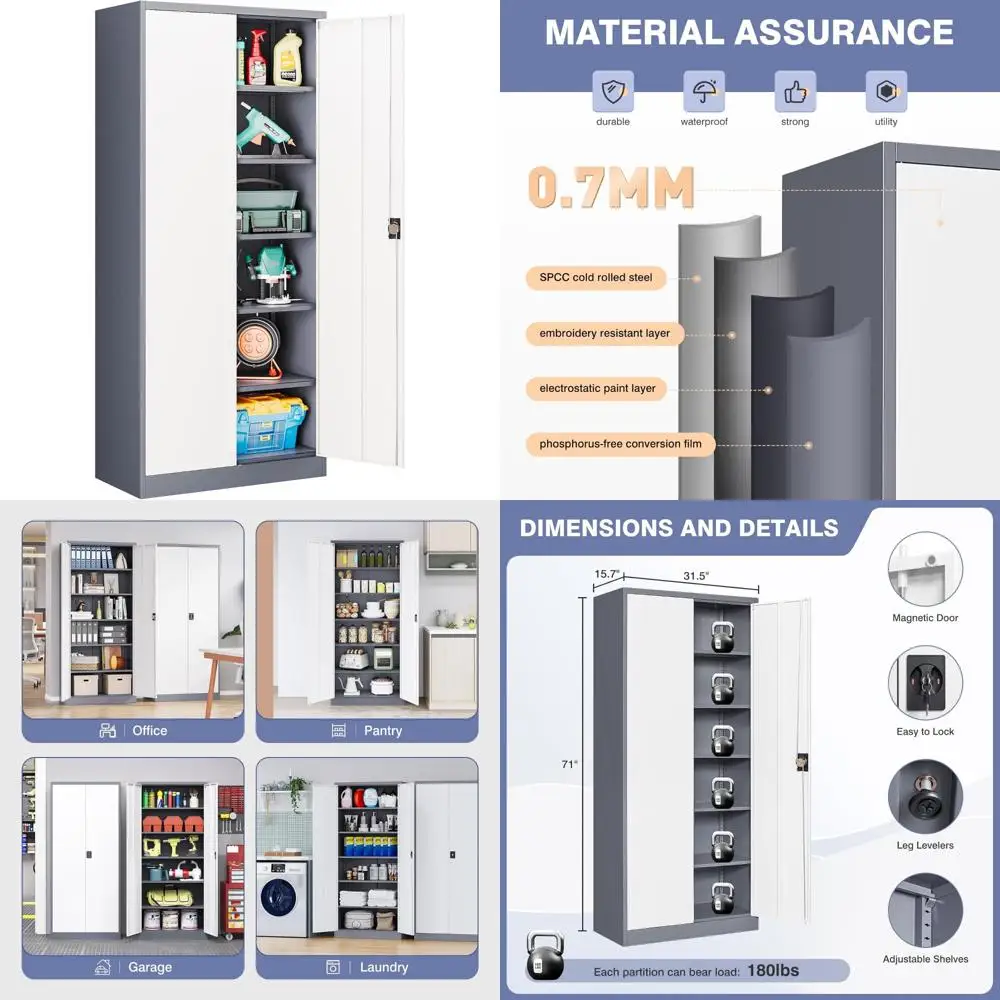 Шкаф для документов с регулируемыми полками, 2-дверный металлический шкаф для хранения инструментов для гаражных систем, высокие решения для хранения