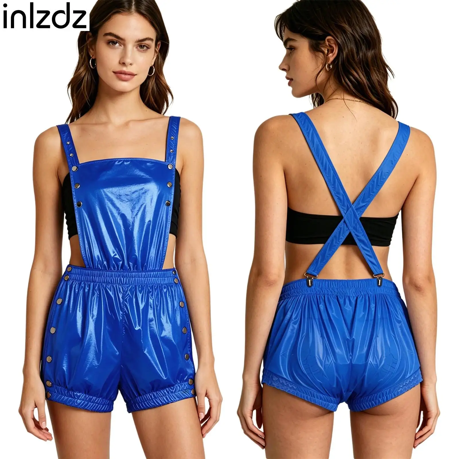 

Womens Nightclub Single Party Romper Waterproof Tear Away Press Button Ruffled Trim Elastic Waist Backless Overalls Clubwear